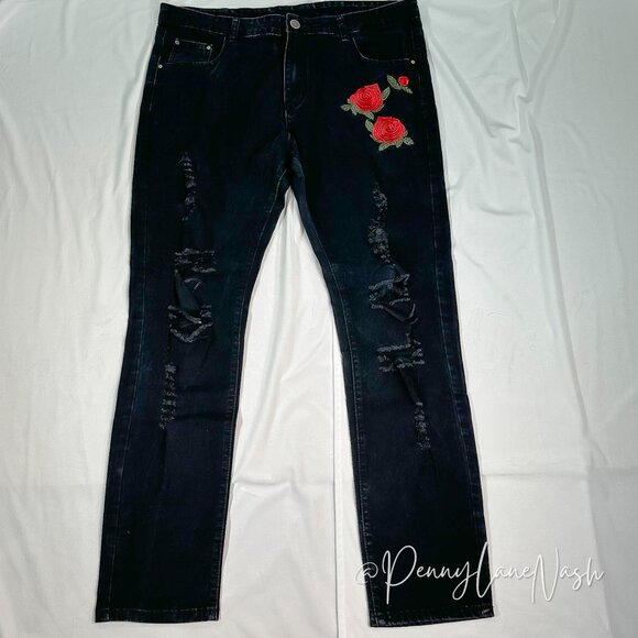 SHEIN Denim - Shein Black Distressed Embroidered Skinny Jeans Size 38